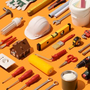 DIY, construction and home renovation concept: isometric tools and equipment